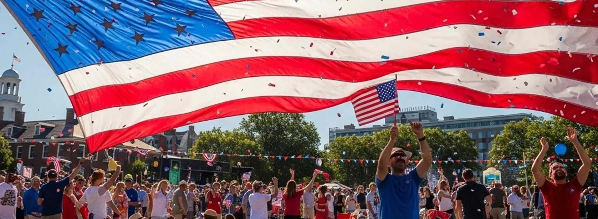 Grande bandiera degli stati Uniti d'America sventola in primo piano, sotto una folla variegata con aria festante